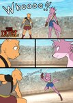 absurd_res anthro artemis_(bluebirdoasis) audience bear bluebirdoasis canid canine canis comic duel duo female fur goliath_(bluebirdoasis) group hi_res male male/female mammal melee_weapon pink_body pink_fur sword weapon wolf