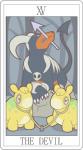 ambiguous_gender card card_template english_text feral fortune_telling generation_2_pokemon generation_3_pokemon group houndoom looking_at_viewer major_arcana melee_weapon miji nintendo numel plant pokemon pokemon_(species) polearm red_eyes rock roman_numeral spear tarot tarot_card text the_devil_(tarot) tree trio weapon