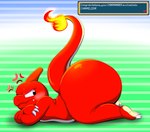 2024 absurd_res angry anthro balls barely_visible_balls barely_visible_genitalia big_butt blush butt charmeleon claws cross-popping_vein crossed_arms english_text evolution_(transformation) fire flaming_tail gameplay_mechanics generation_1_pokemon genitals hi_res looking_back lying male nintendo on_front pokemon pokemon_(species) solo tail tail_flame tepigfan101 text thick_thighs transformation