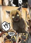 2018 absurd_res after_transformation anthro bell bell_collar black_body black_fur black_nose blonde_hair blue_eyes blush bodily_fluids breasts collar comic cute_fangs domestic_cat duo fangs felid feline felis female female_pov first_person_view food fruit fur hair halloween hi_res holidays humanoid humanoid_pointy_ears looking_at_reflection magic_user mammal mirror naturally_censored navel nude open_mouth plant pointy_ears pumpkin shizumi_tsubasa slave smile surprise sweat sweatdrop teeth witch yellow_eyes