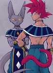 anthro back_muscles beerus butt dbz_kz_(artist) domestic_cat dragon_ball dragon_ball_super duo felid feline felis fur goku hairless hairless_cat human jewelry male mammal muscular muscular_male neck_ring purple_body purple_fur sphynx_(cat) standing super_saiyan_god