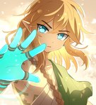 1_artificial_limb blonde_hair blue_eyes clothing elf entiqua hair humanoid humanoid_pointy_ears hylian light_body light_skin link long_hair magic_limbs male nintendo not_furry simple_background solo tears_of_the_kingdom the_legend_of_zelda