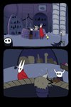 2:3 ambiguous_gender anthro arthropod black_body clothed clothing comic digital_media_(artwork) female group hi_res hollow_knight hornet_(hollow_knight) insect lemm_(hollow_knight) looking_up_skirt shopping size_difference soiledvessels store team_cherry the_knight_(hollow_knight) topwear vessel_(species)