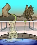 absurd_res anthro big_breasts bodily_fluids breasts brown_body brown_fur brown_hair butt canid canine canis casual_urination clothed clothing digital_media_(artwork) domestic_dog female fur genital_fluids hair hi_res lying mammal peeing pool raveneevee simple_background smile solo swimwear tail topwear urine watersports