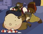 anthro belly belly_overhang big_belly big_breasts bitecreep breasts canid canine canis digitigrade drunk eggnog force_feeding forced hi_res inflation jackal lattice_lain mammal navel raccoon_dog substance_intoxication tanuki weight_gain