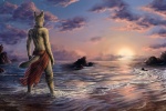 3:2 amazing_background amon_(rukis) anthro beach biped bottomwear canid canine canis clothed clothing cloud collar detailed detailed_background ear_piercing fur golden_jackal jackal male mammal metal_collar outside pants piercing rear_view red_lantern rock rocky_shore rukis sand scenery_porn sea seaside signature sky solo standing star sun sunrise topless water wave white_body white_fur