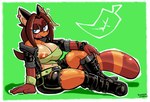 2024 anthro ash_(buxy) big_breasts black_boots black_bottomwear black_clothing black_footwear black_jacket black_shorts black_topwear blue_eyes boots border bottomwear breasts canid canine clothed clothing cute_fangs exposed_breasts felino female footwear fur green_background green_clothing green_shirt green_topwear hand_on_knee hand_on_leg hi_res jacket knee_boots knee_highs legwear mammal midriff nipple_dip nipples open_clothing open_jacket open_topwear orange_body orange_fur orange_nipples pupils raccoon_dog red_body red_fur shirt shirt_down shoes shorts simple_background sitting smile solo tan_body tan_fur tanuki thick_thighs topwear white_border white_pupils