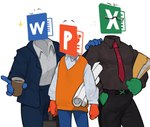 belt beverage bottomwear clothing coffee container cup dress_shirt folder for_a_head group hi_res humanoid kogito living_logo male microsoft microsoft_excel microsoft_office microsoft_powerpoint microsoft_word necktie not_furry object_head pants paper shirt suit suit_jacket sweater sweater_vest topwear trio vest