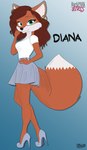 absurd_res anthro barkpark_girls bottomwear brown_hair canid canine canis clothed clothing diana_(barkpark_girls) digital_media_(artwork) dragonboy618 ear_piercing ear_ring female footwear fox fur hair hi_res high_heels logo mammal piercing red_body red_fur ring_piercing shirt shoes signature skirt sodadreamcast solo tail text topwear