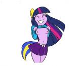 alternate_species bottomwear breasts clothed clothing clothing_lift equestria_girls eyes_closed fake_ears fake_equine_ears female flashing hair hasbro human humanized mammal my_little_pony navel nipples ponut_joe purple_body purple_hair purple_skin shirt shirt_lift skirt smile solo topwear twilight_sparkle_(eg)