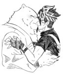 accessory anthro anton_ivanov bear ben_bigger blush clothing duo embarrassed fingerless_gloves gloves goya_1231 handwear headband hi_res human kissing male male/male mammal mihoyo monochrome zenless_zone_zero