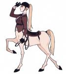 blonde_hair centaur clothing equid equid_taur european_mythology female fur gloves greek_mythology hair handwear harness hat headgear headwear hi_res holding_object hooves humanoid_taur jacket juanmao1997 mammal mammal_taur mythology one_leg_up ponytail raised_leg saddle shirt side_view simple_background solo tan_body tan_fur taur topwear walking white_background