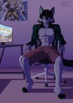 abs absurd_res anthro bottomwear canid canine canis chair clothed clothing digital_media_(artwork) dragon_ball dragon_ball_z electronics fur furniture gamesfan gohan goku green_body green_fur hair hi_res inner_ear_fluff looking_at_viewer male mammal markings monitor multicolored_body multicolored_fur muscular muscular_male office_chair orange_eyes piccolo poster saiyan shorts signature simple_background smile solo table tail tuft wolf