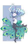 andrealphus_(helluva_boss) anthro artist_name avian bird blue_eyes blue_hair bulge clothed clothing crop_top crown demon femboy galliform hair headgear helluva_boss hi_res legwear male minoruaniki navel nipples open_mouth panties peafowl phasianid shirt smile solo tail thigh_highs thong topwear underwear white_body