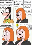 age_difference anthro black_hair black_nose bow_tie breasts canid cleavage clothed clothed_male clothing comic debbie_dune dialogue digital_media_(artwork) disney duo english_text female goof_troop goofy_(disney) hair kthanid_(artist) light_bulb male mammal open_mouth orange_hair text thought_bubble