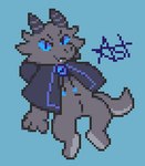 2024 ablibluble ambiguous_gender animal_genitalia anthro blue_eyes clothing coat_cape digital_media_(artwork) female_(lore) genital_slit genitals grey_body grey_scales herm horn intersex kobold looking_at_viewer pixel_(artwork) rotom_(ablibluble) scales scalie sitting solo spread_legs spreading trans_(lore) trans_woman_(lore)