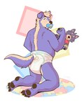 ageplay anthro black_pawpads canid canine canis clean_diaper clothed clothing diaper domestic_dog fur hi_res kneeling male mammal object_in_mouth pacifier pacifier_in_mouth pawpads paws playing plushie purple_body purple_fur rear_view roleplay simple_background solo tan_body tan_fur tennet tennettthedl wearing_diaper white_background