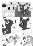 absurd_res ambiguous_gender black_and_white bodily_fluids comic dialogue dipstick_tail dokuase duo ear_markings eevee eeveelution english_text eye_roll eyes_closed facial_markings feral fighting_pose forehead_markings fur generation_1_pokemon generation_2_pokemon generation_7_pokemon greyscale group hard_translated head_markings hi_res leg_markings lycanroc markings midnight_lycanroc monochrome multicolored_body multicolored_fur neck_tuft nintendo pointy_speech_bubble pokemon pokemon_(species) pose right_to_left ring_(marking) rock simple_background sitting smile speech_bubble standing sweat sweatdrop tail tail_markings text third-party_edit tongue tongue_out translated translation_edit tuft two_tone_body two_tone_fur umbreon white_background worried