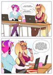 anthro beverage big_breasts blonde_hair book breasts canid canine cleavage clothed clothing coffee comic computer container coontail_hair cup desk dialogue duo ear_piercing electronics english_text equid equine eyewear female footwear furniture glasses hair hi_res high_heels laptop long_hair mammal mug office pen piercing pink_hair shoes simple_background speech_bubble table tail text white_background zymaani