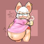 1:1 angry annoyed anthro bat belly beverage big_belly big_breasts blush bodily_fluids breasts cleavage clothed clothing coffee coffee_mug ear_piercing female fur green_eyes looking_at_viewer low_res mammal panties piercing pregnant pregnant_anthro pregnant_female ring rouge_the_bat sega shirt solo sonic_the_hedgehog_(series) steam sweat topwear underwear white_body white_fur wings woopwoomp