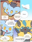 3:4 absurd_res ambiguous_gender anthro begging comic dialogue duo english_text felid feline feral generation_4_pokemon generation_7_pokemon hi_res legendary_pokemon mammal nintendo okazu pokemon pokemon_(species) shinx speech_bubble text zeraora