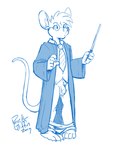 2019 4_toes anthro balls barefoot biscuit_(biscuits) blue_and_white bottomwear bottomwear_down claws clothed clothing cosplay digital_drawing_(artwork) digital_media_(artwork) eyewear feet fur genitals glasses hair harry_potter harry_potter_(series) hi_res hogwarts_uniform magic_wand male mammal monochrome mouse murid murine necktie pants pants_down partially_clothed paws penis plantigrade rick_griffin robe rodent scar school_uniform solo toes uniform