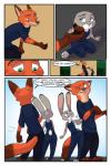 2017 akiric anthro butt canid canine clothed clothing comic dialogue dipstick_ears disney duo ear_markings english_text female fox hip_bump judy_hopps lagomorph leporid male mammal multicolored_ears nick_wilde outside rabbit red_fox speech_bubble text true_fox zootopia