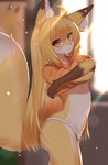 2022 ahoge amber_eyes anthro blonde_hair blush brown_body brown_fur canid canine clothed clothing countershading cute_fangs digital_media_(artwork) dipstick_ears dipstick_tail ear_markings female female_anthro fluffy fox fur gloves_(marking) hair hi_res horokusa0519 inner_ear_fluff kemono korai_(horokusa) long_hair looking_at_viewer mammal markings midriff multicolored_body multicolored_ears multicolored_fur multicolored_tail navel panties pantsless solo tail tail_markings tuft underwear undressing white_body white_clothing white_fur white_panties white_underwear yellow_body yellow_fur