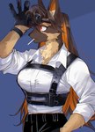 anthro big_breasts breasts brown_body brown_fur canid canine canis cigarette cigarette_in_mouth clothed clothing domestic_dog eyewear female fur hair hi_res mammal ng_hus object_in_mouth oji_(ng_hus) red_eyes simple_background solo sunglasses tan_body tan_fur