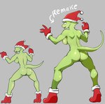 absurd_res accident accidental_exposure anthro bluebirdoasis butt female genitals grey_background hi_res holiday_clothing lizard mostly_nude pussy pussy_from_back redraw reptile scalie simple_background solo veronica_(bluebirdoasis)