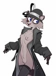 anthro blue_eyes breasts cheek_tuft chest_tuft cloche_hat clothed clothing coat cute_fangs facial_tuft female fur grey_body grey_fur hat headgear headwear hi_res legwear lenyavok mammal nicky_(lenyavok) nipples open_clothing open_coat open_topwear partially_clothed procyonid raccoon simple_background slim small_breasts small_waist solo standing stockings topless topwear trenchcoat tuft white_background