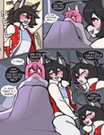 anthro bed_sheet bedding black_hair blush clothed clothing comic dialogue drunk duo english_text equid equine eyelashes femboy hair hi_res jacket letterman_jacket male mammal oro97 pink_hair pupils smile substance_intoxication text topwear