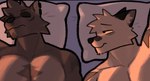 anthro bed canid canine canis comic domestic_dog duo furniture hi_res looking_at_another male mammal muscular pecs pillow rygel_spkb sleeping sleeping_together waking_up wolf