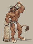 2024 5_fingers abs alcohol anthro beverage bottomwear bovid bovine brown_body brown_fur brown_hair clothed clothed_anthro clothed_male clothing deriaz european_mythology fingers fur greek_mythology hair hooves horn humanoid_hands iason_avarta loincloth male mammal minotaur muscular muscular_anthro muscular_male mythology navel nipples pecs solo standing topless topless_anthro topless_male wine