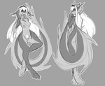 anthro aquatic_dragon breasts changeling_tale dakimakura dakimakura_design digital_drawing_(artwork) digital_media_(artwork) dragon female genitals grace_(changeling_tale) long_tail long_tongue looking_back marine membrane_(anatomy) monochrome mythological_creature mythological_scalie mythology pubes pussy scalie small_breasts solo tail tongue tongue_out watsup