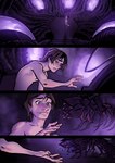 2024 4_panel_comic arthropod bodily_fluids brown_hair comic detailed_background digital_media_(artwork) fingers hair hi_res hive human male mammal maxspite myriapod nipples nude open_mouth purple_glow purple_theme solo teeth tendrils