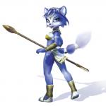 1:1 2002 accessory anklet anthro bandeau blue_body blue_fur blue_hair bottomwear breasts canid canine cheek_tuft choker circlet cleavage clothed clothing dipstick_tail emerald_(gem) facial_tuft female footwear fox fur furgonomics gem green_eyes hair jewelry krystal_(star_fox) loincloth looking_at_viewer looking_back mammal markings multicolored_tail necklace nintendo no_underwear official_art open_mouth open_smile rear_view ruby_(gem) sandals shoes smile solo staff star_fox starfox_adventures tail tail_accessory tail_markings tailband topwear tuft weapon white_clothing yellow_clothing