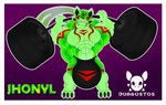 4_ears abs anthro balls big_balls big_tail black_clothing black_underwear bulge claws clothed clothing demigod detailed_background genitals green_body hi_res huhu hyper hyper_genitalia jdbo-arts jhonyl male marks_on_body multi_ear muscular pecs sharp_teeth solo tail teeth underwear