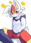 absurd_res anthro bakeneko1212 breasts cinderace confusion confusion_(status_effect) eyelashes female generation_8_pokemon hi_res navel nintendo pokemon pokemon_(species) red_body red_eyes simple_background solo tail thick_thighs white_background white_body