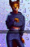 absurd_res androidz anthro bottomwear canid canine canis clothed clothing domestic_dog gynomorph hi_res hoodie intersex looking_away mammal mel_(androidz) pants simple_background solo sweatpants topwear trans_(lore) trans_woman_(lore)