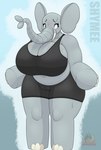 absurd_res anthro belly big_belly big_breasts big_ears big_feet big_hands black_clothing black_shirt black_tank_top black_topwear blue_eyes blush blush_lines bodily_fluids body_blush bottomwear breasts butt camel_toe clothed clothing deep_navel elephant elephant_toe_hands elephant_toes elephantid feet female grey_body hairless hi_res hotpants huge_breasts larger_female looking_away mammal mouthless nails navel nervous nervous_sweat overweight overweight_anthro overweight_female pawronik proboscidean proboscis_(anatomy) shirt shorts shy shymee_(pawronik) simple_background size_difference slightly_chubby slightly_chubby_female solo sweat sweaty_face tall tank_top text thick_arms thick_thighs tight_clothing topwear trunk trunk_(anatomy) tusks wide_hips