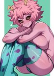 absurd_res areola areola_slip ashido_mina big_breasts big_butt black_sclera breast_squish breasts butt clothed clothing female hair hi_res horn horned_humanoid huge_breasts humanoid legwear melonpuff my_hero_academia not_furry pink_body pink_hair pink_skin quirked_human_(my_hero_academia) sitting solo squish thick_thighs thigh_highs thong topless underwear yellow_eyes