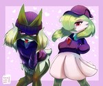 abstract_background absurd_res ambiguous_gender anthro baseball_cap bodily_fluids clothed clothing digital_media_(artwork) duo fur furgonomic_hat furgonomic_headwear furgonomics gardevoir generation_3_pokemon generation_9_pokemon glistening glistening_eyes green_body green_fur hat headgear headwear heart_symbol hi_res leaning leaning_forward meowscarada nintendo one_eye_obstructed partially_clothed pokemon pokemon_(species) pose purple_clothing purple_eyes red_eyes saliva saliva_on_tongue skalelsky suggestive_pose tail tongue tongue_out