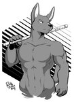 2019 anthro anubian_jackal anup canid canine canis empty_eyes fur greyscale hayven_celestia hi_res jackal male mammal monochrome muscular muscular_anthro muscular_arms muscular_male nude rick_griffin solo staff