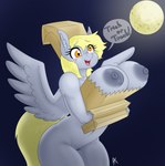 absurd_res amber_eyes anthro anthrofied appelknekten areola big_breasts blonde_hair breasts clothing derp_eyes derpy_hooves_(mlp) dialogue english_text equid equine female friendship_is_magic full_moon genitals hair hasbro hat headgear headwear hi_res mammal moon my_little_pony mythological_creature mythological_equine mythology nipples paper_bag paper_bag_hat pegasus pussy text wings