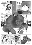 anthro bear belly clothed clothing collar comic dialogue english_text group hi_res hyena laugh laught468 leash leashed_collar macro male male/male mammal monochrome obese obese_male overweight overweight_male prisoner size_difference speech_bubble suid suina sus_(pig) text thought_bubble trio underwear underwear_only wild_boar