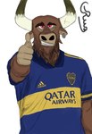 adidas anthro boca_juniors bovid bovine brown_body brown_fur clothed clothing ear_piercing european_mythology facial_hair fur gesture greek_mythology hand_gesture hi_res male mammal minotaur mythology piercing red_eyes rusoide simple_background smile smiling_at_viewer soccer_jersey soccer_uniform solo sportswear teeth teros_(brawlhalla) thumbs_up uniform