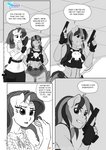 anthro clothing comic dialogue english_text equid equine female fingerless_gloves friendship_is_magic gloves gun hand_mirror handgun handwear hasbro hi_res horn mammal mirror monochrome my_little_pony mythological_creature mythological_equine mythology pegasus pia-sama rainbow_dash_(mlp) ranged_weapon rarity_(mlp) text unicorn weapon wings