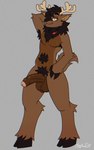 5:8 anthro antle antlers balls bigbustb brown_body brown_eyes brown_fur dark_body dark_fur deer fur genitals hand_on_neck hi_res hooves horn humanoid_genitalia male mammal penis pose pubes solo