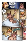 2:3 absurd_res anthro antlers ariel_(deerkid) bathroom bathtub black_nose blush bovid bubble_bath capri_(deerkid) caprine comic deer deerkid dialogue duo english_text female goat hair hi_res horn inside male mammal open_mouth orange_hair smile text tongue_showing